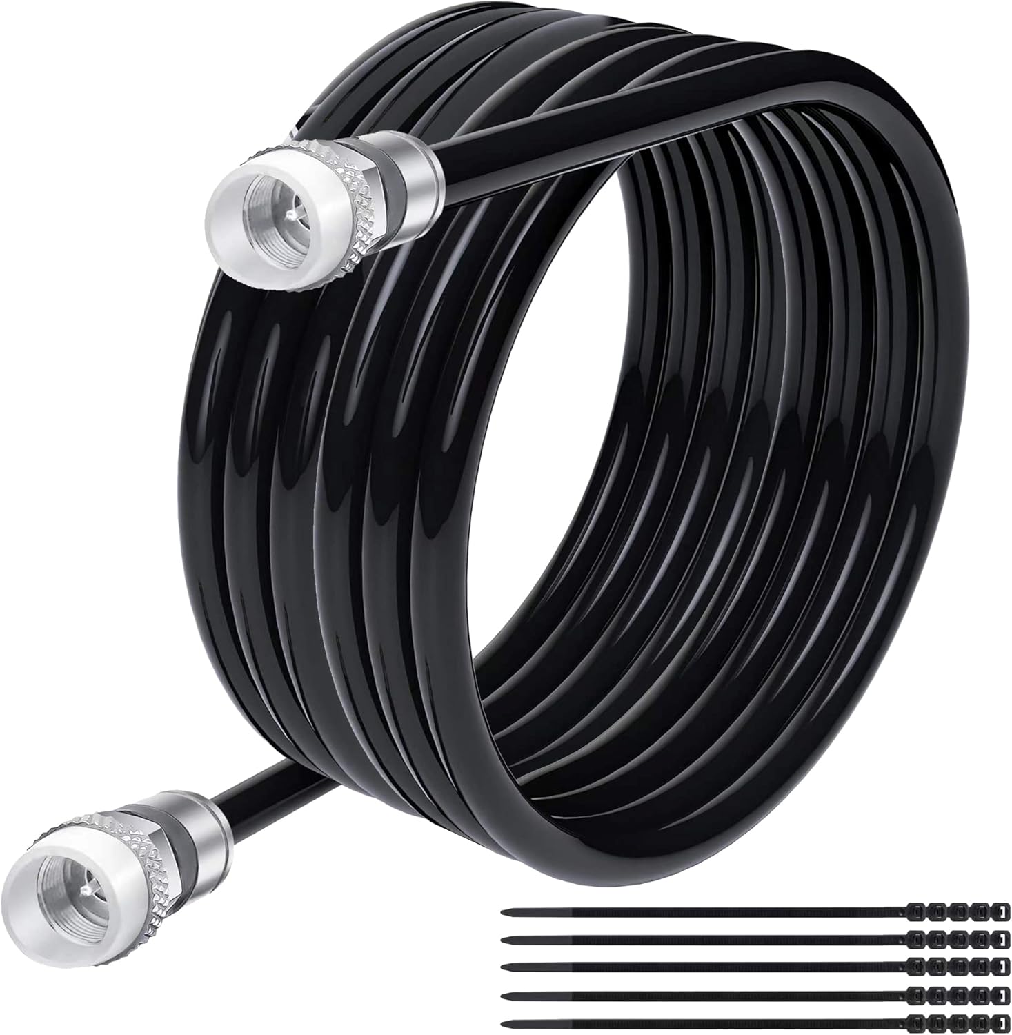Elecan RG6 Coaxial Cable 75 Feet front view showcasing the black direct burial jacket and pre-installed weather-sealed F-connectors.