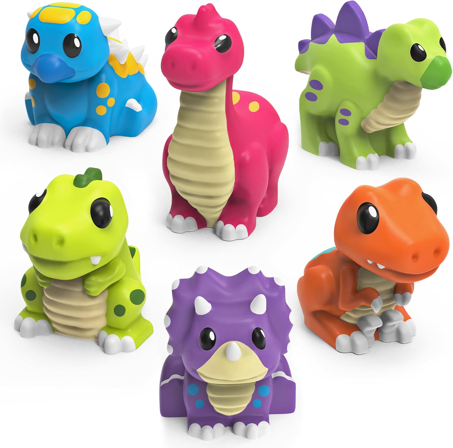Tub Works Dinosaur Mold Free Bath Toys front view of six pack set floating in clear water