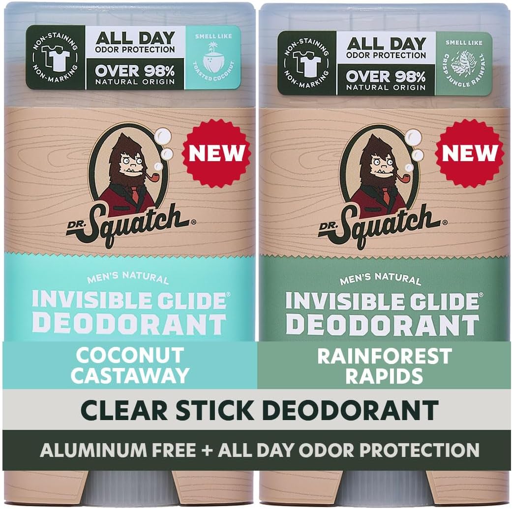 Dr. Squatch Invisible Glide Natural Mens Deodorant front view twin pack showing Coconut Castaway and Rainforest Rapids sticks.