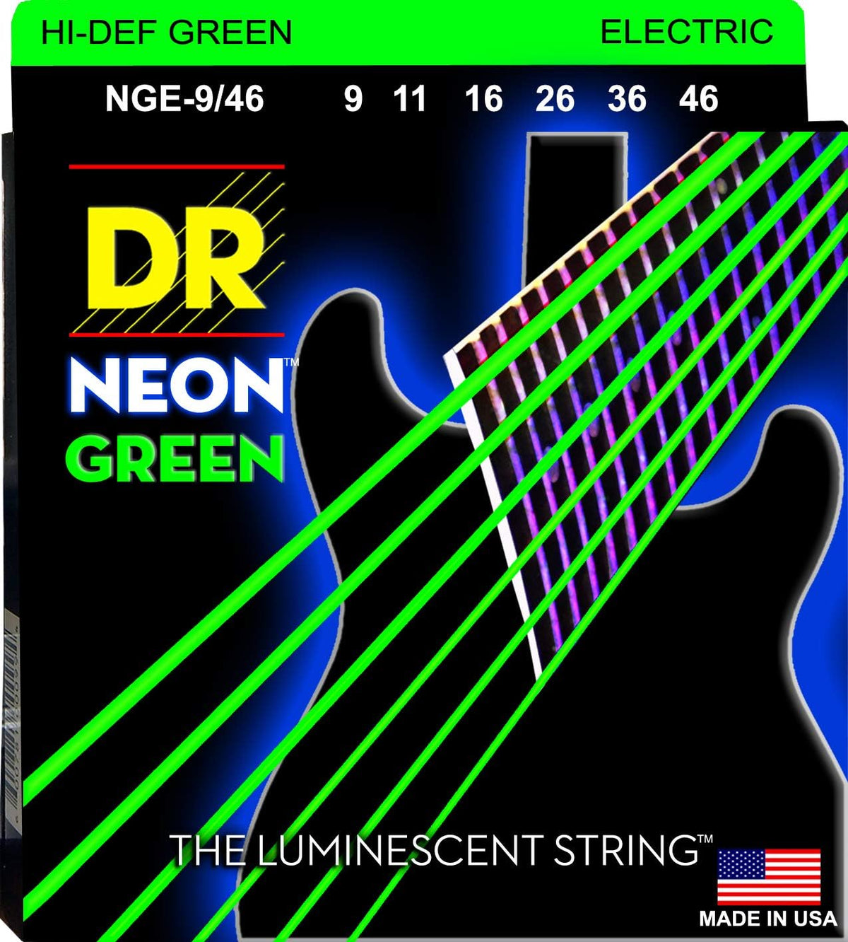 DR Handmade Strings NGE-9 Hi-Def Neon Green Electric Guitar Strings, Light (9-42) - Image 9