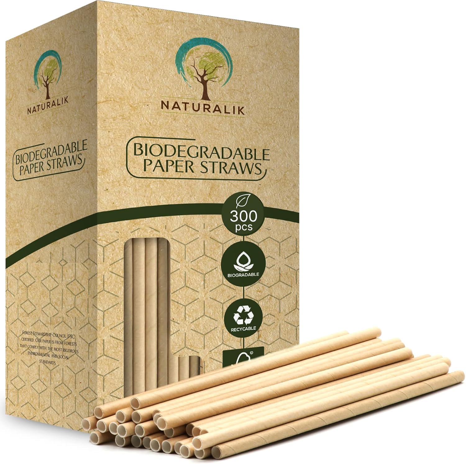 Naturalik brown paper straws 300 count pack front view eco-friendly drinkware.