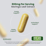 Supplement facts label on Dorado Nutrition moringa bottle