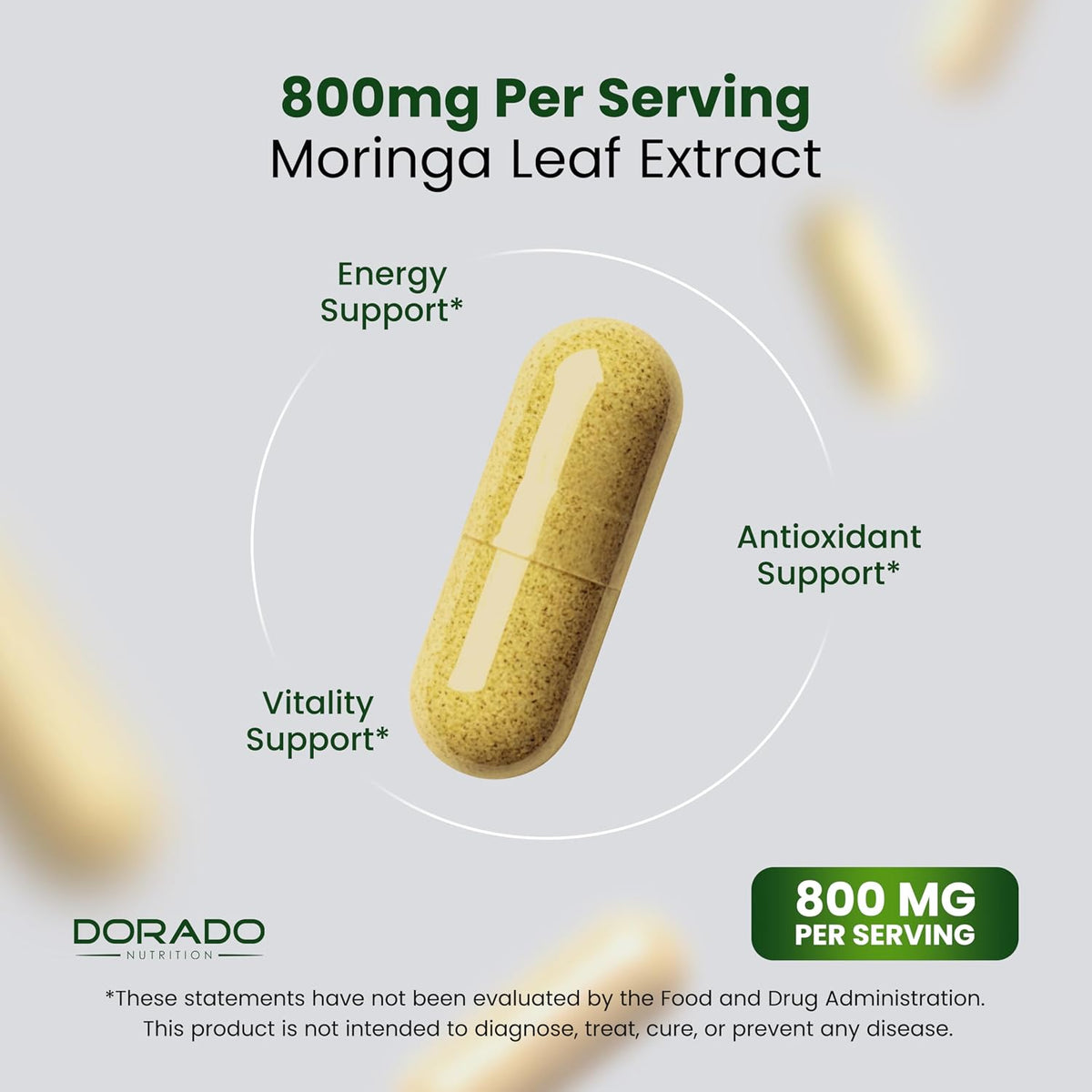 Supplement facts label on Dorado Nutrition moringa bottle