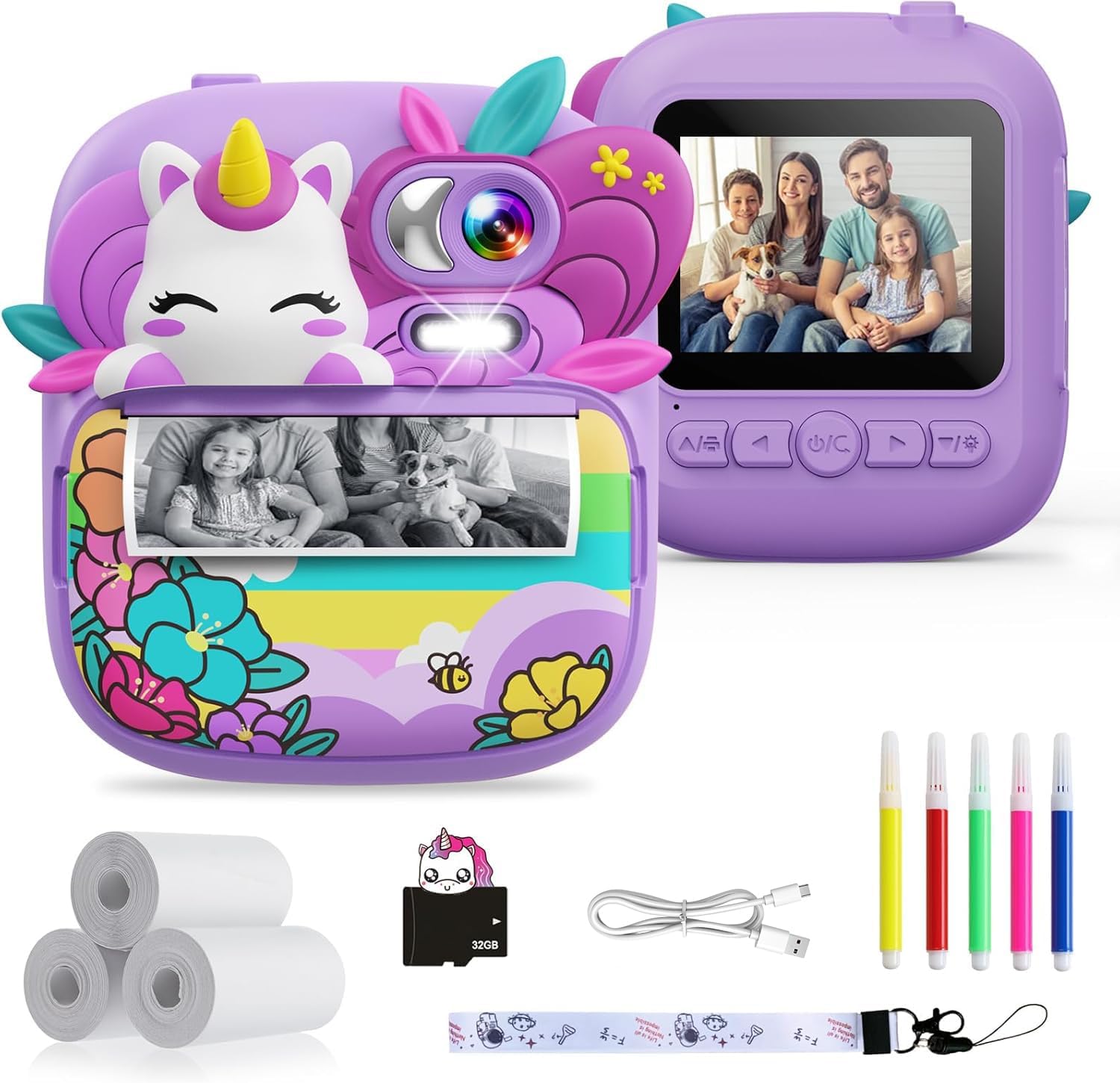 Tiatua Kids Instant Print Digital Camera front view purple unicorn design