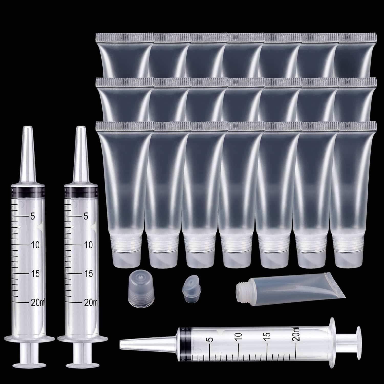 Rolybag empty lip gloss tubes kit showing 22 transparent containers and 3 plastic filling syringes on a clean white backdrop