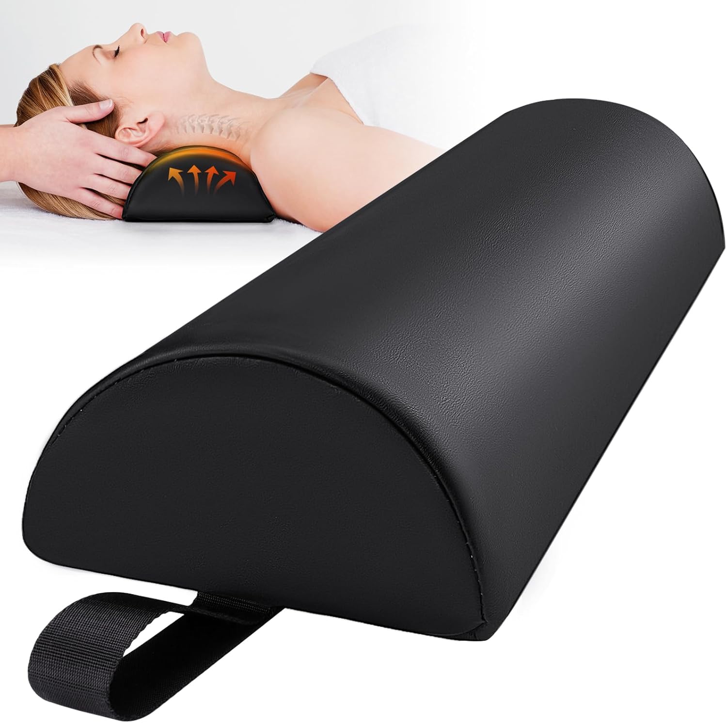 Noverlife half round massage table bolster pillow front view with black PU leather cover and strap handle