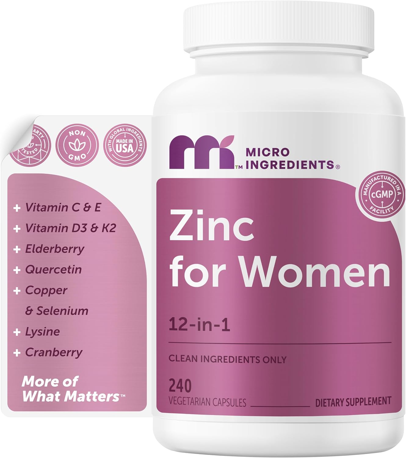 Micro Ingredients zinc for women capsules bottle front view showing 240 vegetarian capsules
