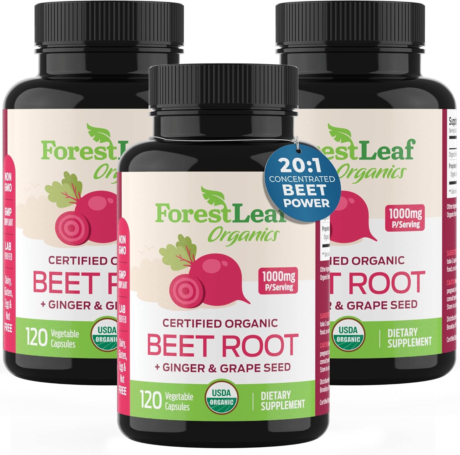 Organic Beet Root Capsules with Ginger and Grape Seed 1000mg Serving - 20:1 Beetroot Extract - Supports Blood Flow and Energy - Beets Supplements with Organic Beet Root Powder, 120 Count - 3 PK - Image 1