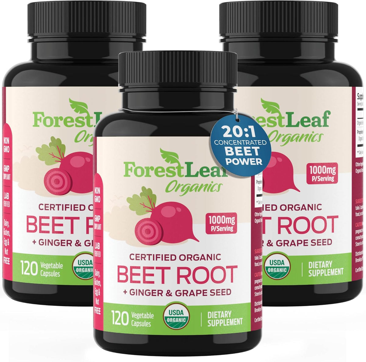 Organic Beet Root Capsules with Ginger and Grape Seed 1000mg Serving - 20:1 Beetroot Extract - Supports Blood Flow and Energy - Beets Supplements with Organic Beet Root Powder, 120 Count - 3 PK - Image 1