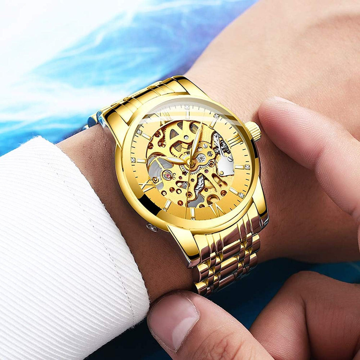 Biden automatic watch side profile showing crown and case