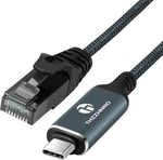 Thzzhnno USB C to Ethernet cable front view showcasing the premium aluminum shell and gold-plated connector pins.