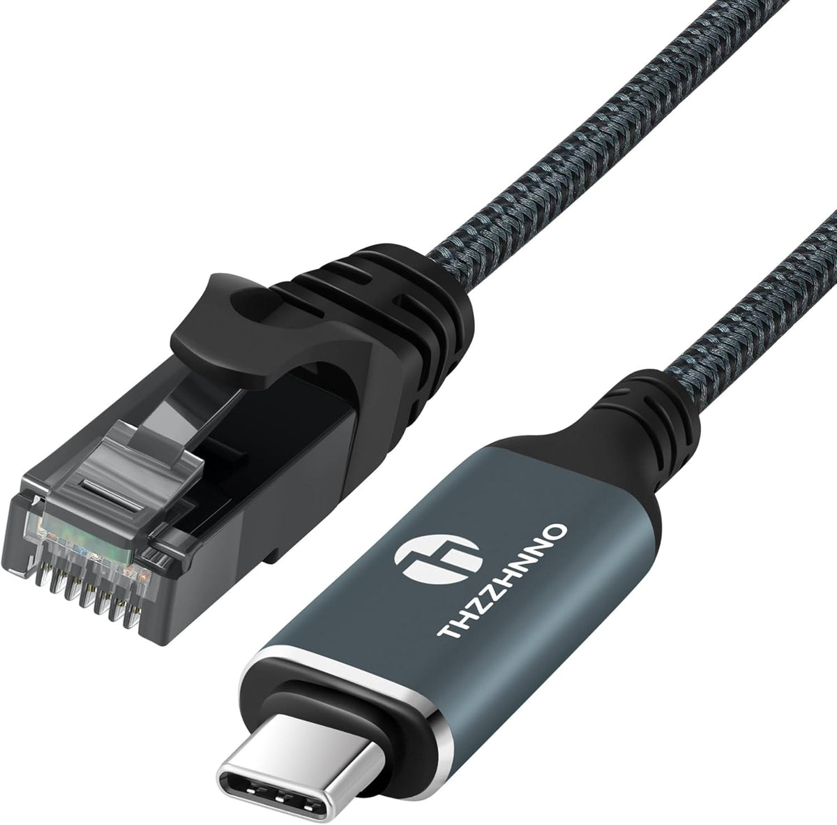 Thzzhnno USB C to Ethernet cable front view showcasing the premium aluminum shell and gold-plated connector pins.