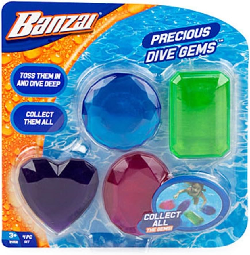 Banzai Precious Dive Gems front view showing four colorful multifaceted jewel shaped pool diving toys for kids.