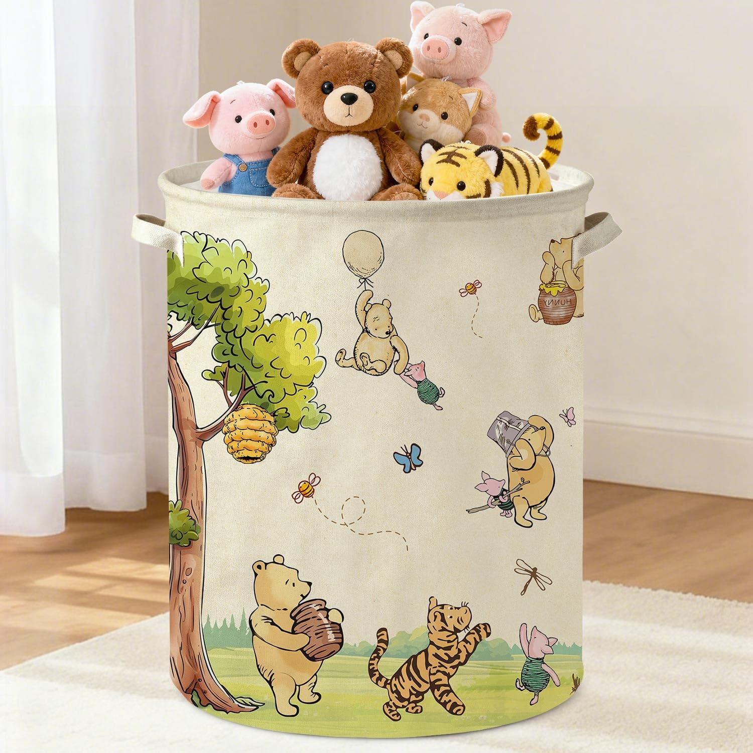 Lopeastar Classic Winnie Bear Baby Laundry Basket front view showcasing vintage cartoon illustrations