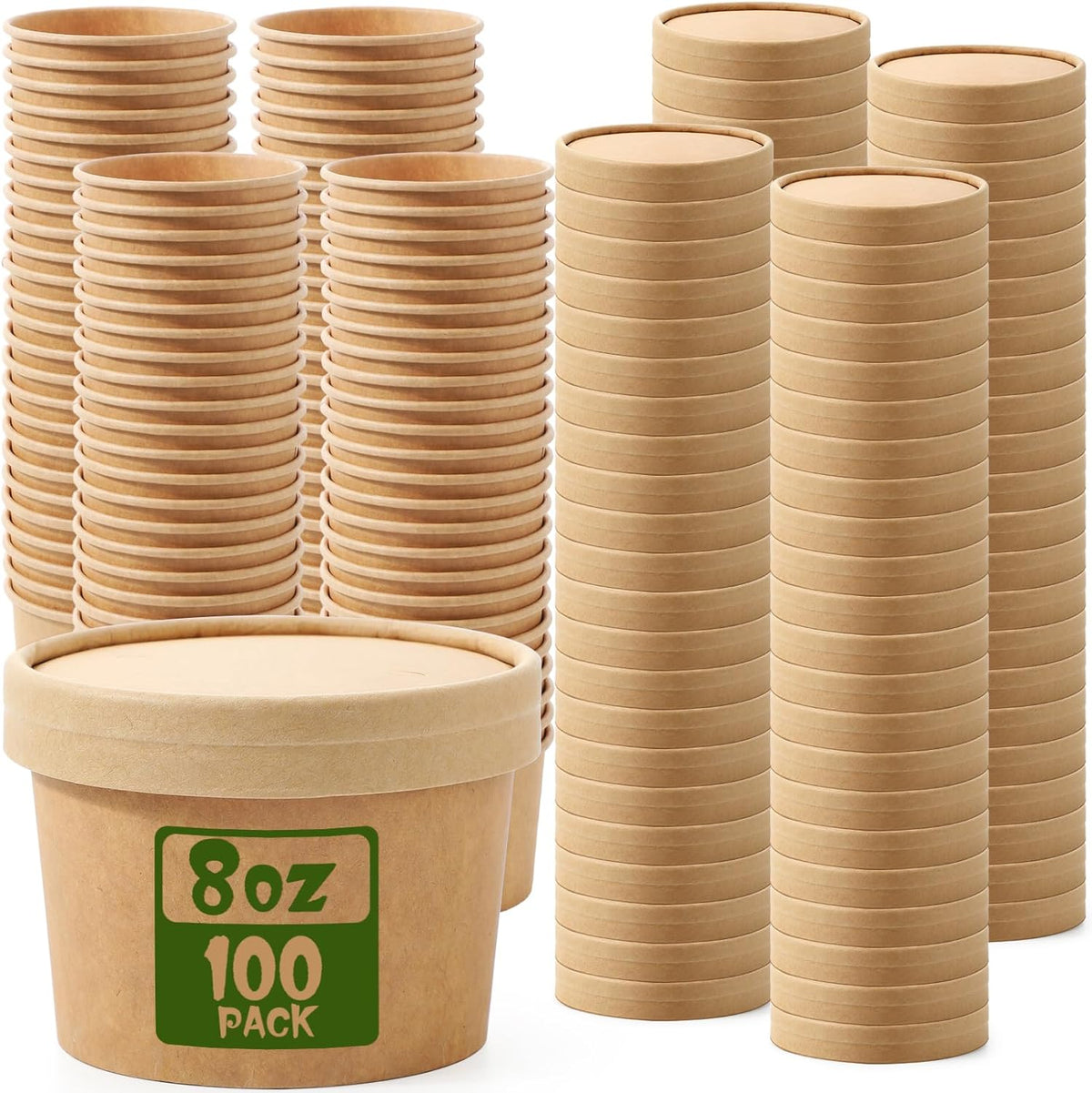 Fulmoon 100 pack paper soup containers with lids front view of disposable kraft food cups.