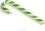 Authentic Archie McPhee green and white striped dill pickle candy canes layout view.