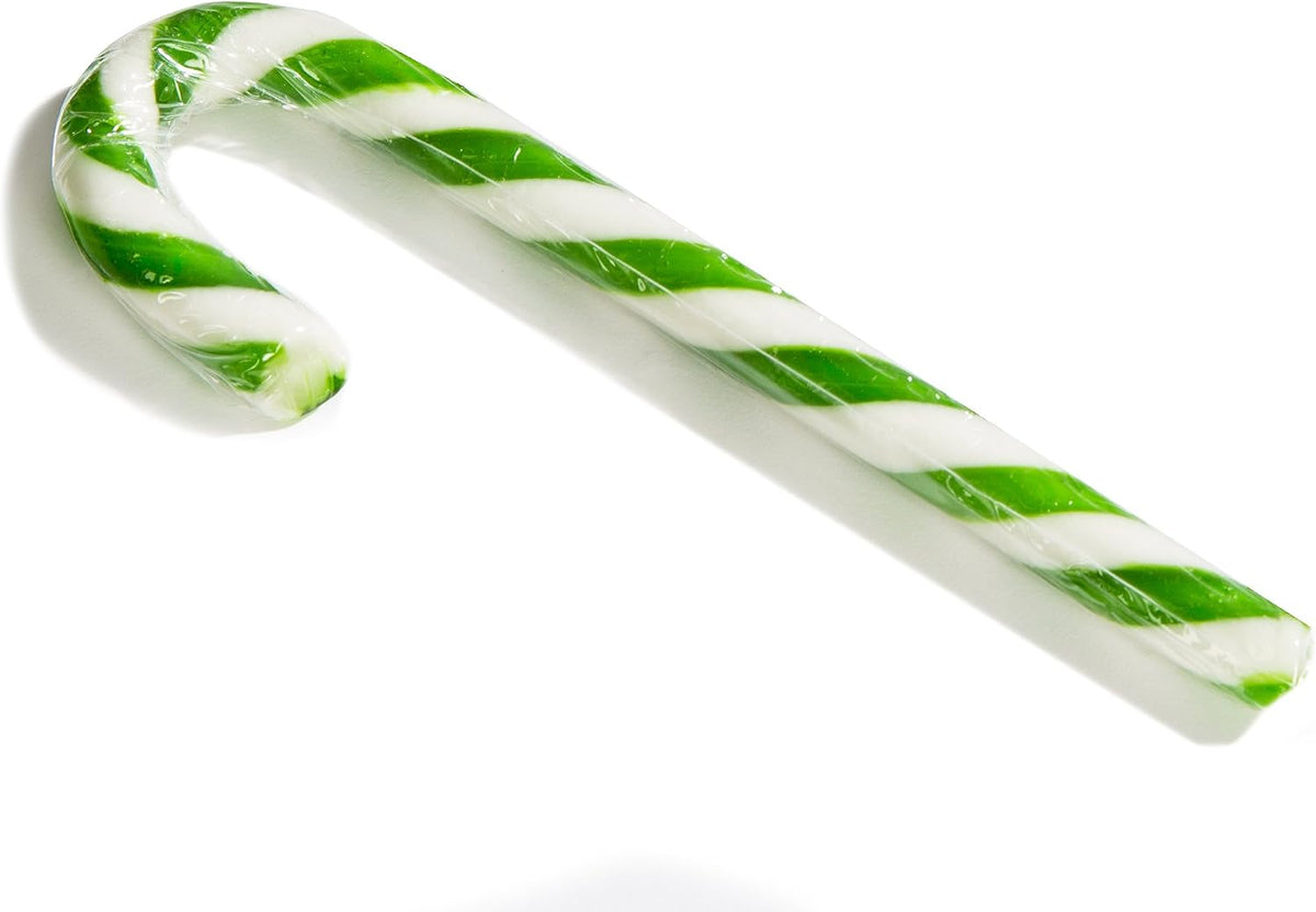 Authentic Archie McPhee green and white striped dill pickle candy canes layout view.