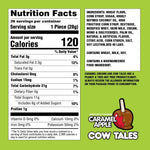 Close-up of an opened Goetze's Caramel Apple Cow Tale stick showcasing the chewy caramel exterior and white cream filling