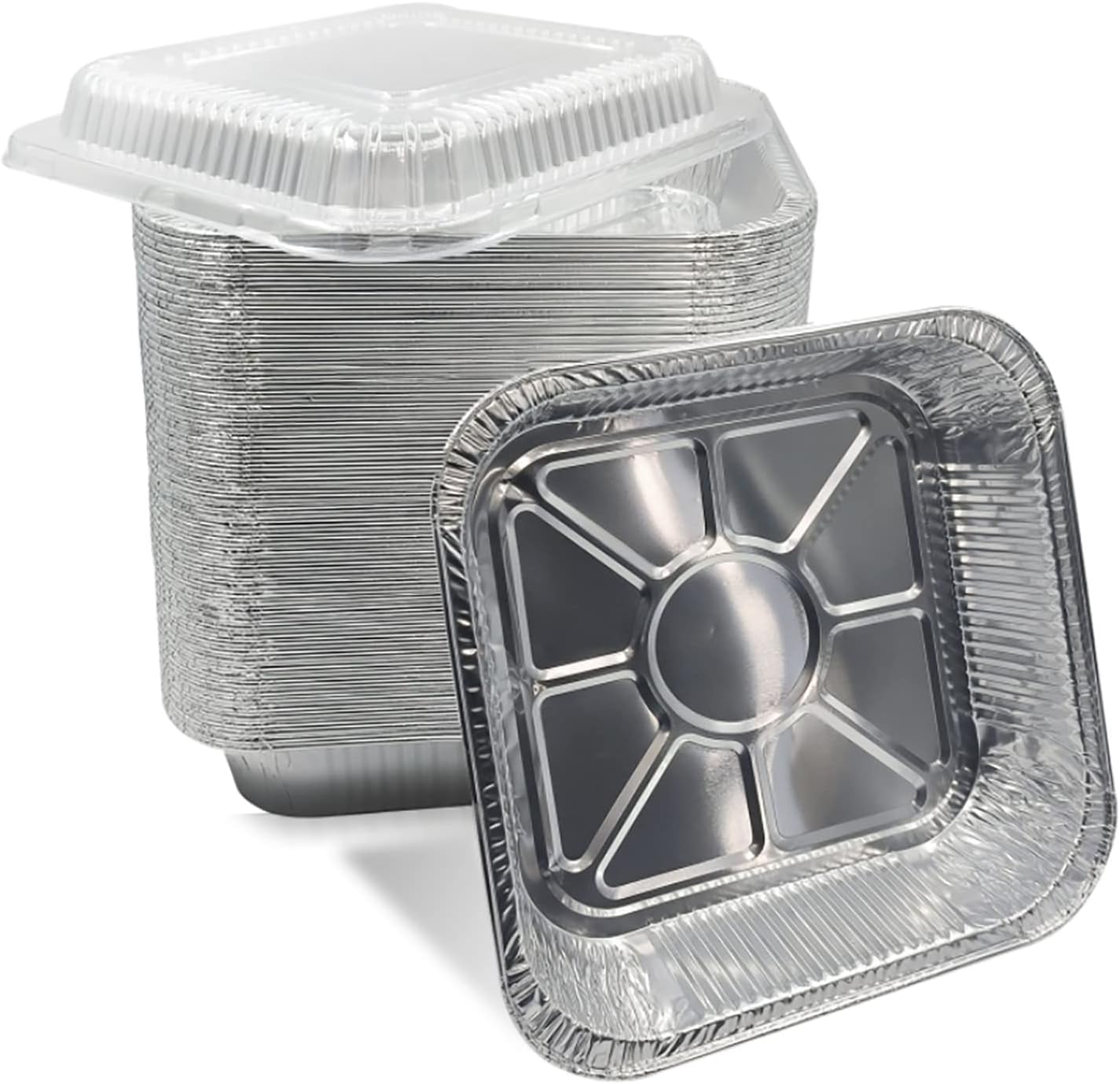 PRTTY 8x8 square aluminum baking pans 30 pack front view with clear lids for food storage.