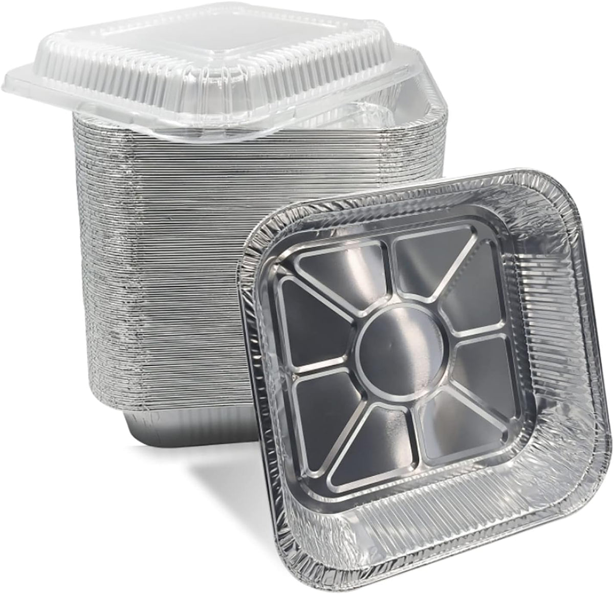 PRTTY 8x8 square aluminum baking pans 30 pack front view with clear lids for food storage.