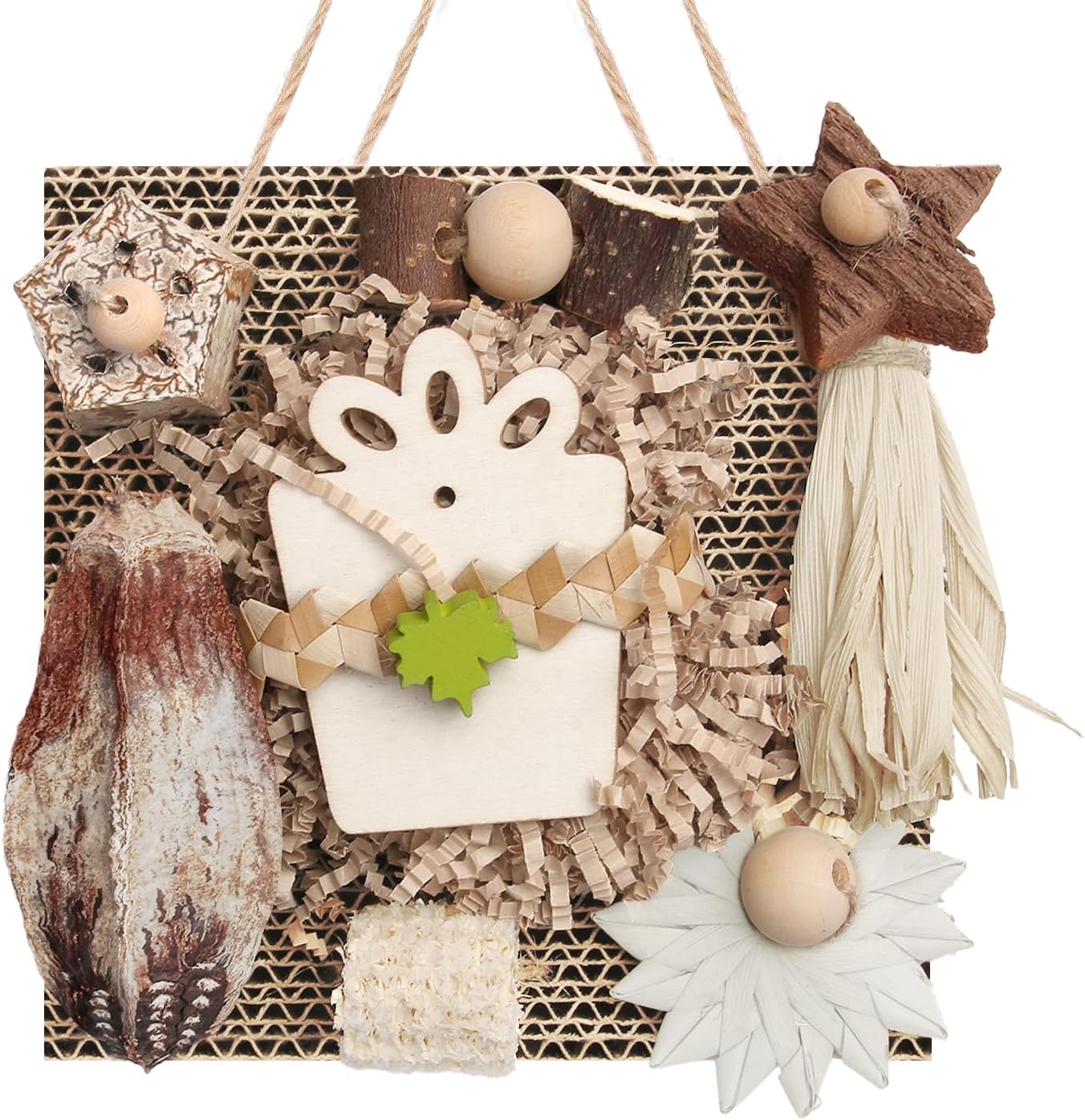 Kyouki bird toys hanging cardboard foraging toy front view inside cage