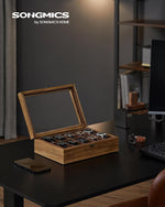SONGMICS rustic walnut watch display case open view
