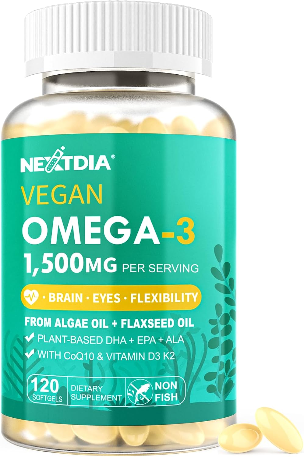 Nextdia Vegan Omega 3 EPA DHA ALA Supplements front bottle view