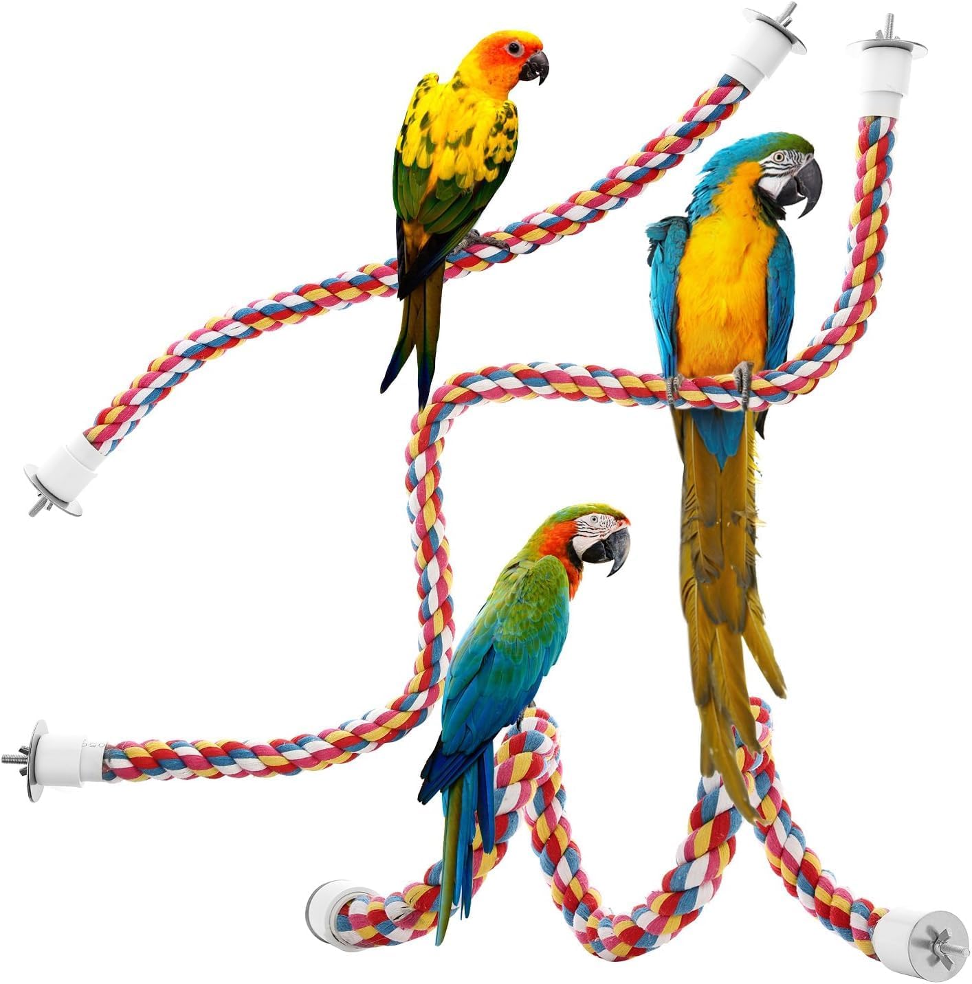 Jusney Bird Rope Perch front view inside a colorful parrot cage