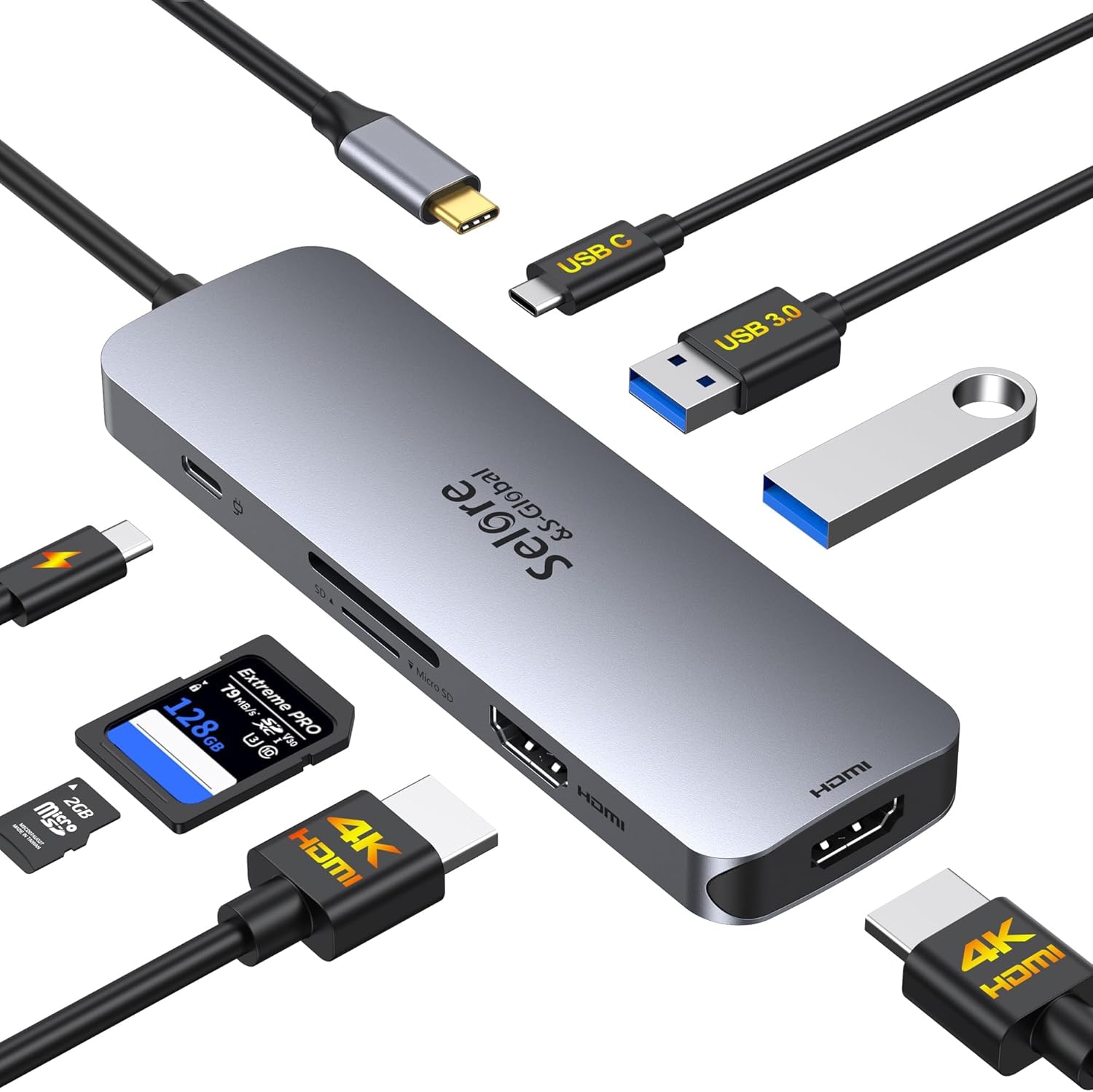 Selore And S-Global USB C Docking Station front view showcasing dual HDMI ports for multiple displays.