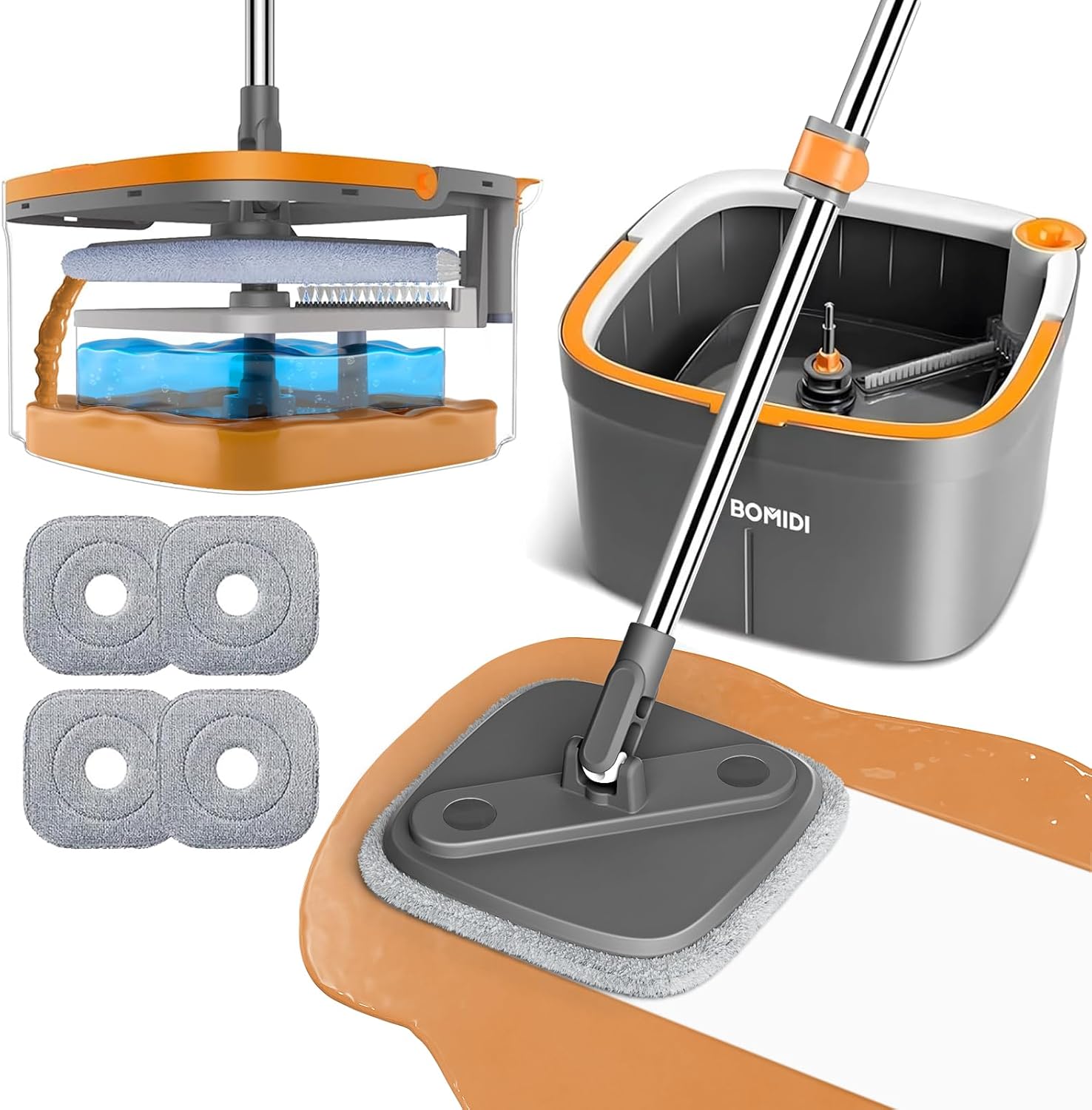 BOMIDI Spin Mop and Bucket Set front view with separate water system.