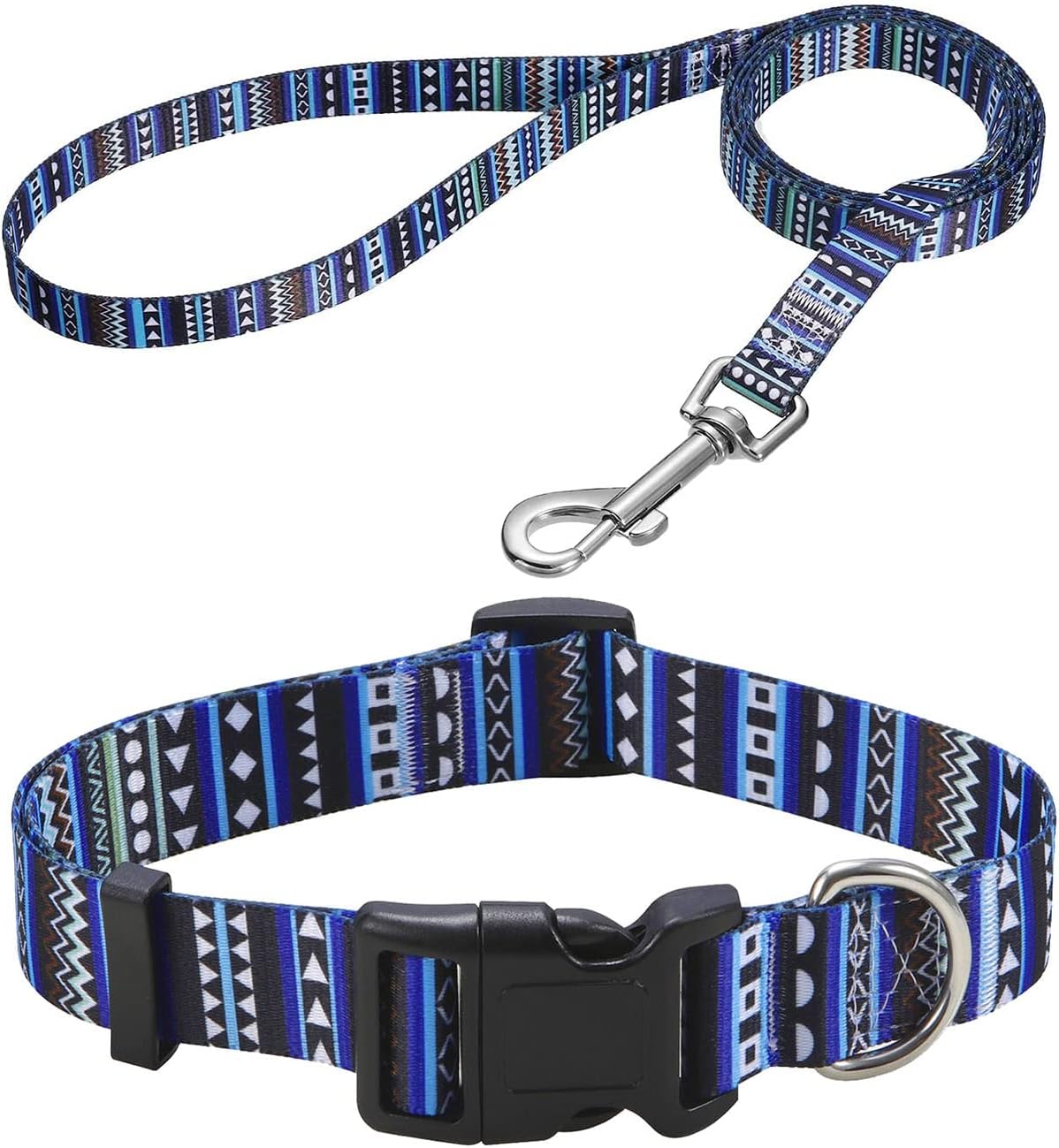 Mihqy dog collar and leash set front view bohemian blue