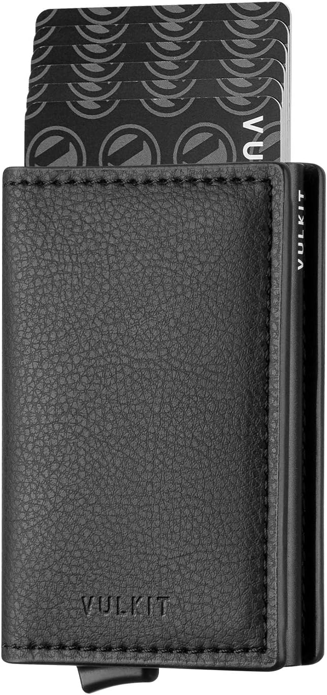 Vulkit credit card holder front view showing dark brown leather bifold design