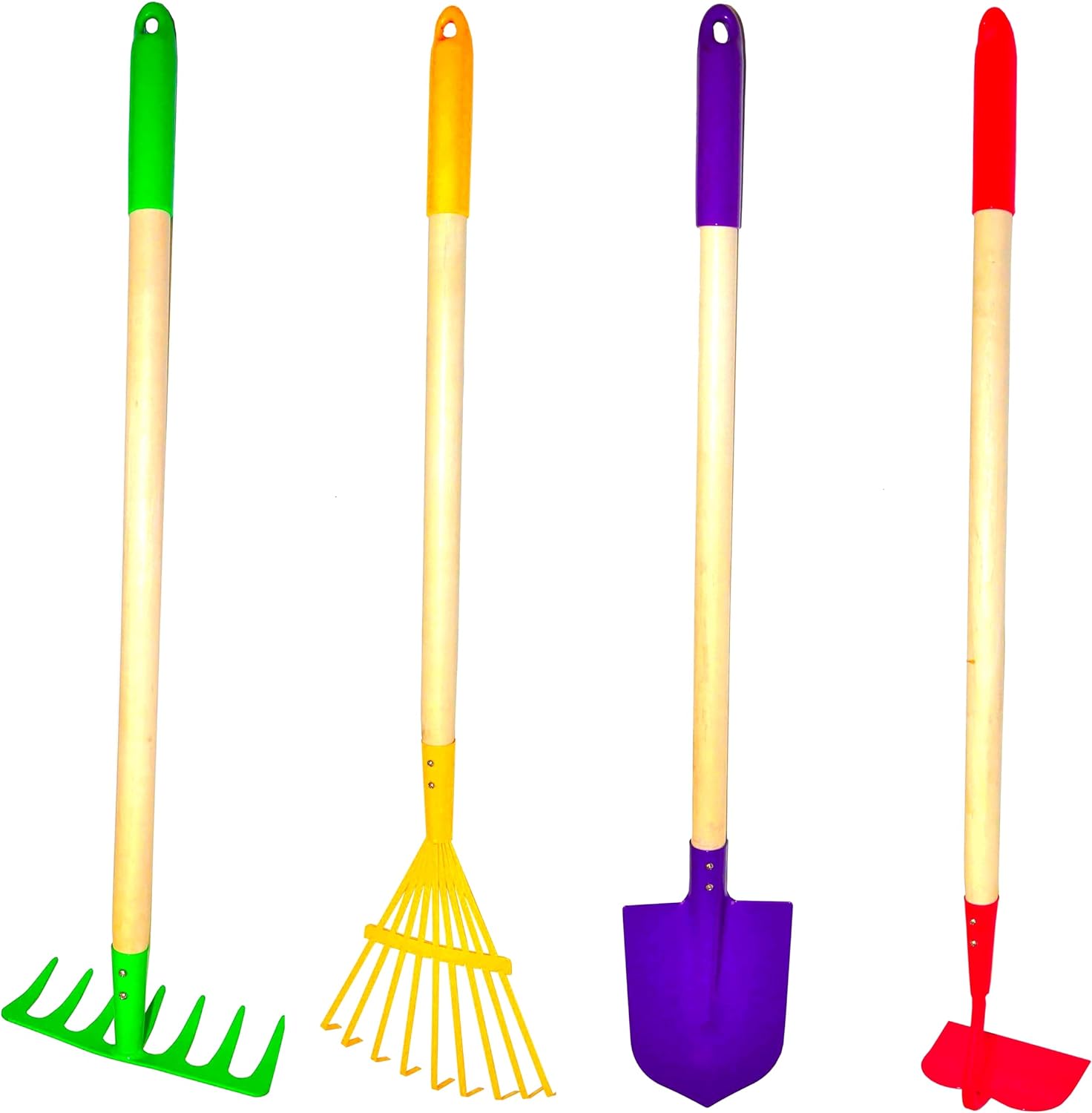 G and F Products JustForKids Kids Garden Tool Set front view featuring four colorful real wood and metal tools.