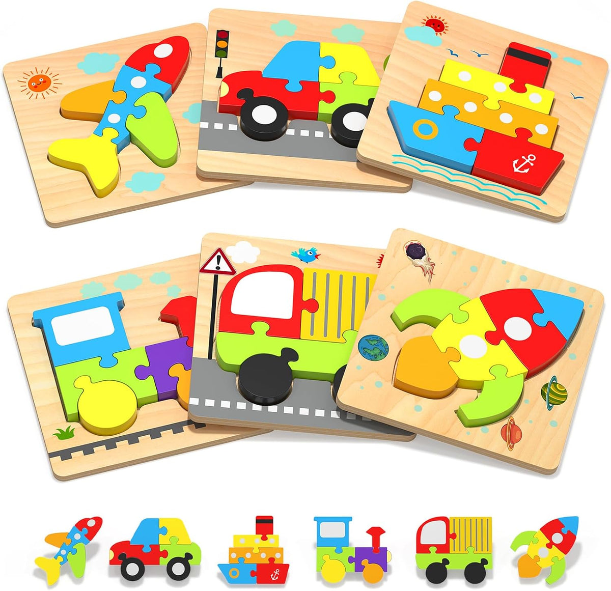 Kidology Yetonamr wooden toddler puzzles front view showcasing six colorful vehicle boards