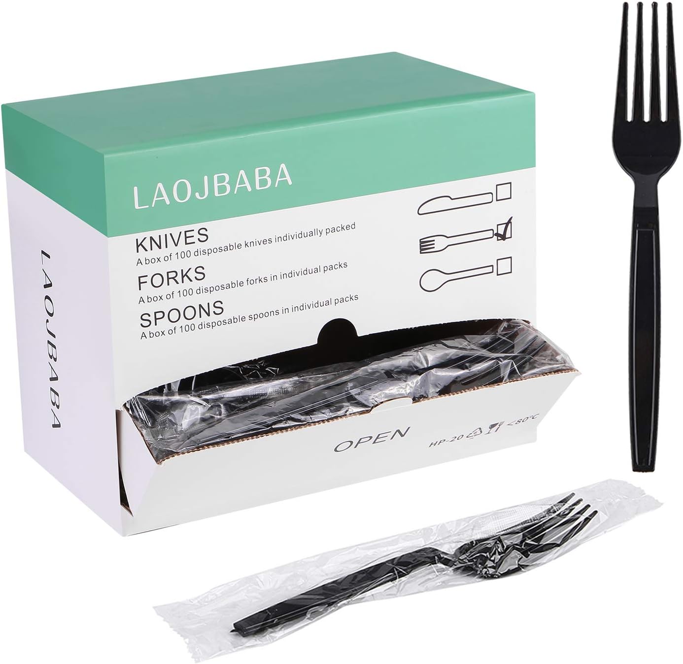 Laojbaba individually wrapped black plastic forks front view 100 count pack
