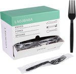 Laojbaba individually wrapped black plastic forks front view 100 count pack