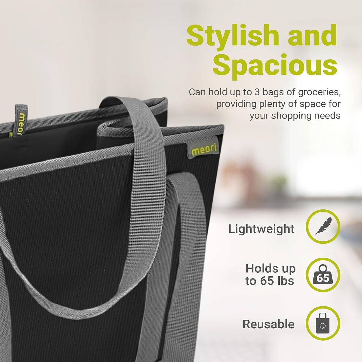 Meori reusable shopping bag angled view highlighting reinforced shoulder straps.