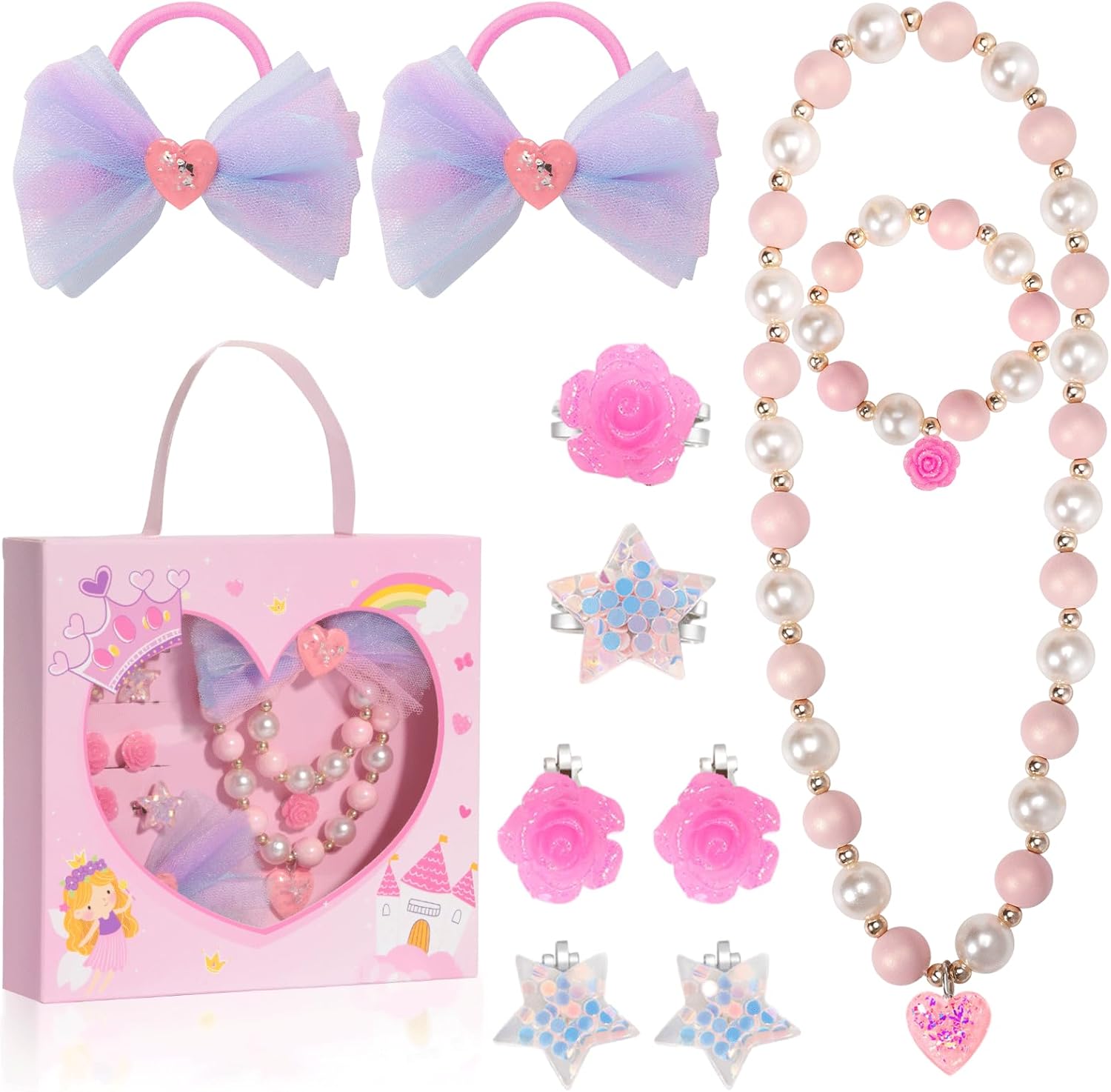 PinkSheep little girls princess jewelry set front view showcasing faux pearl necklace and bracelet