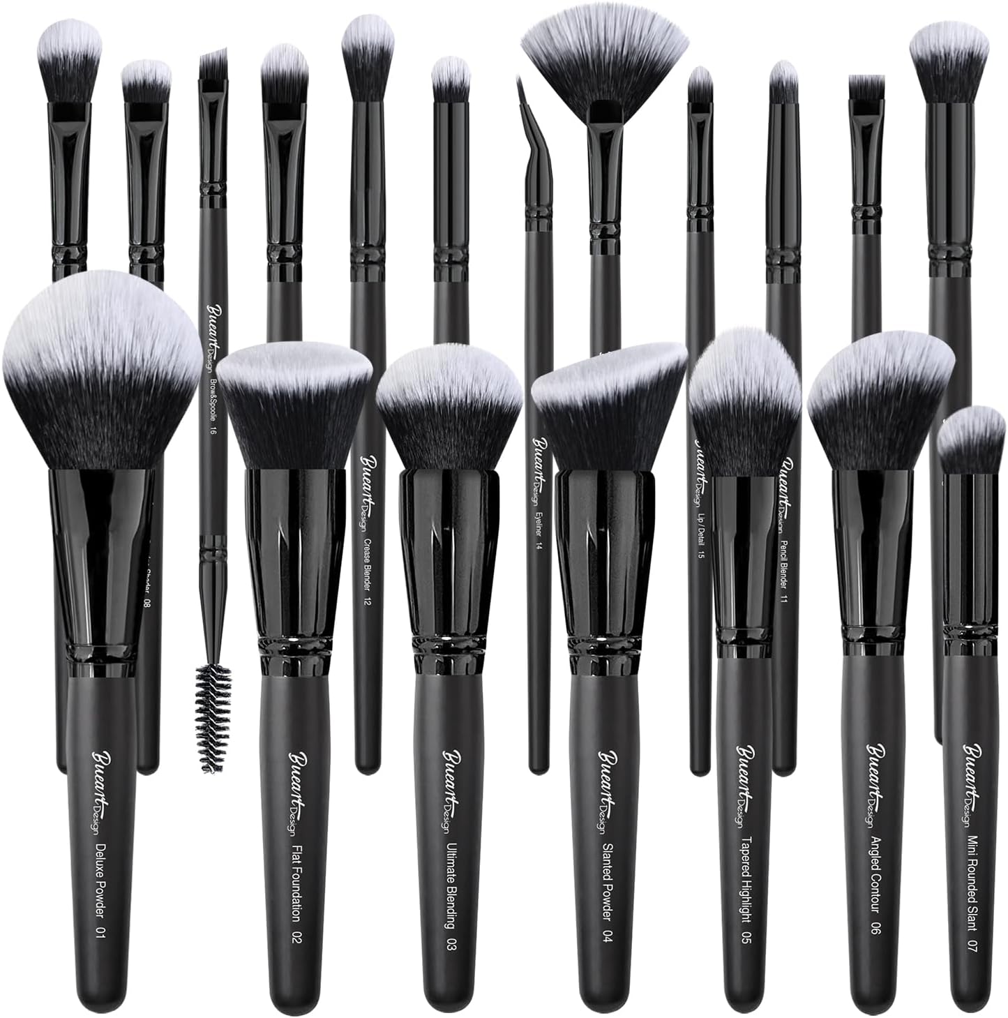 Bueart Design 19 piece makeup brush set front view showing black labeled handles and dense bristles.