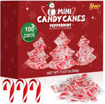 Yumzo Christmas mini candy canes 100 pack front view showing festive holiday box packaging.