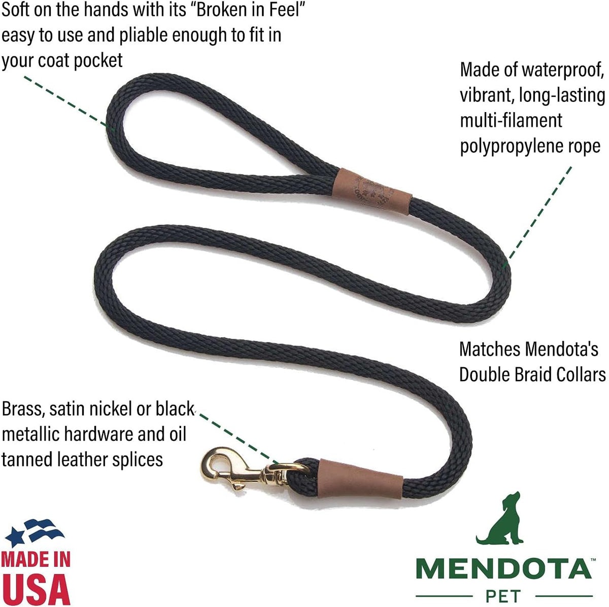 Black half inch by six feet premium dog lead close up of leather splice