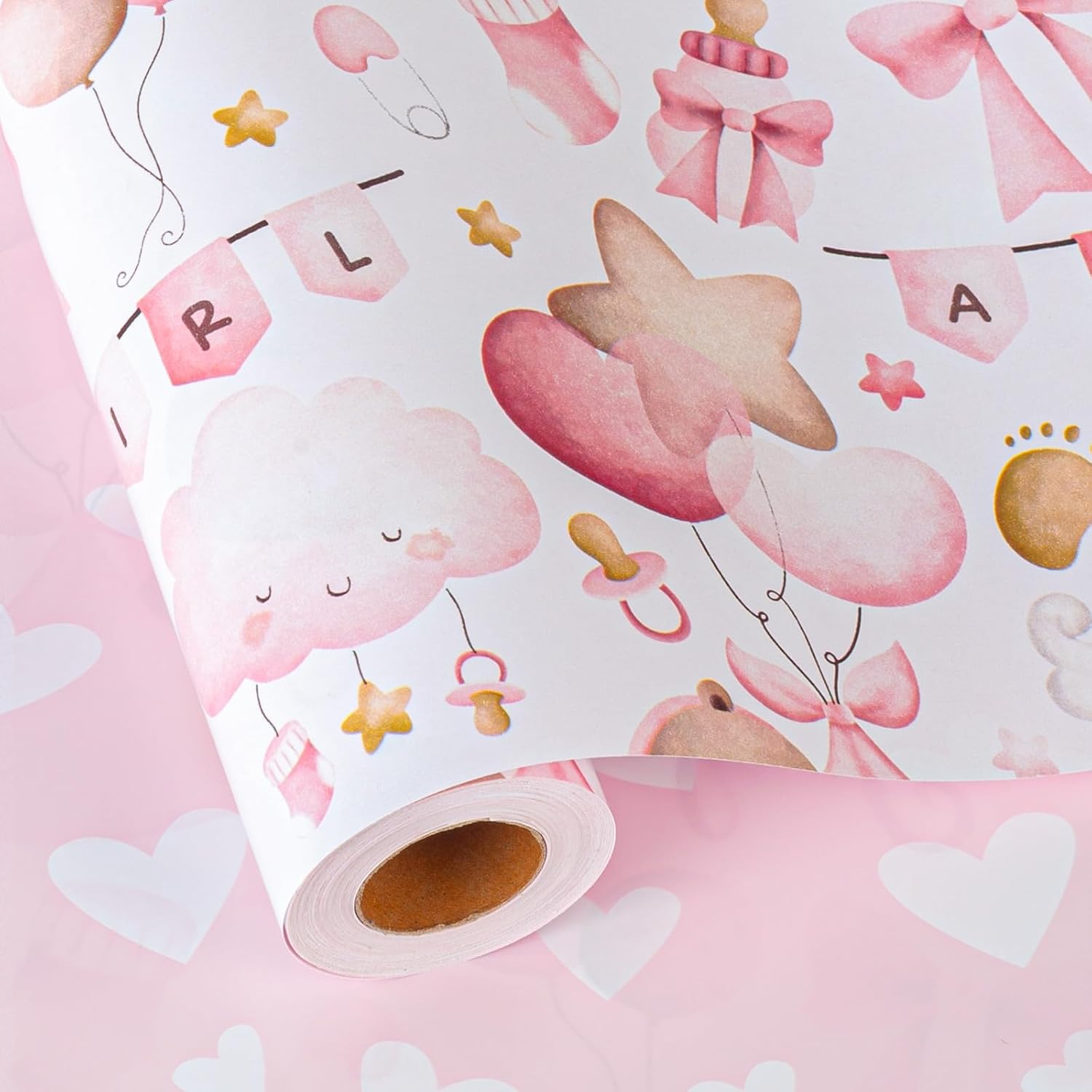 MAYPLUSS pink baby wrapping paper front view showcasing teddy bear and cloud design