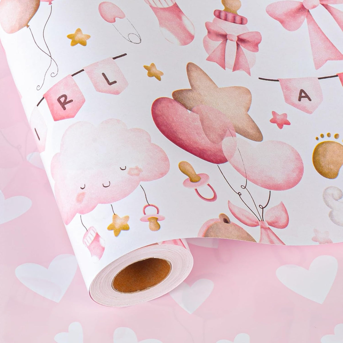 MAYPLUSS pink baby wrapping paper front view showcasing teddy bear and cloud design