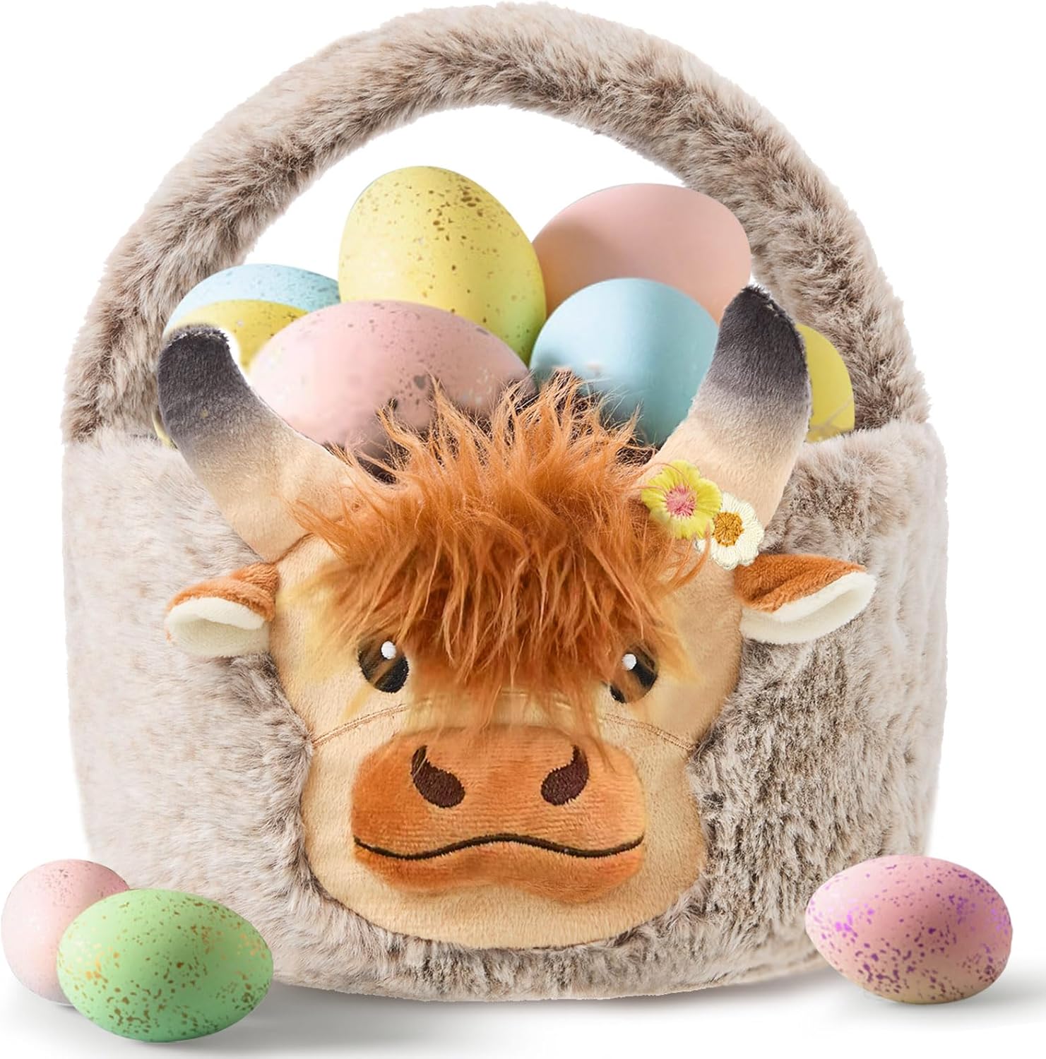 ZRPSIZP Highland Cow plush Easter basket front view showing fluffy brown face and carrying handle