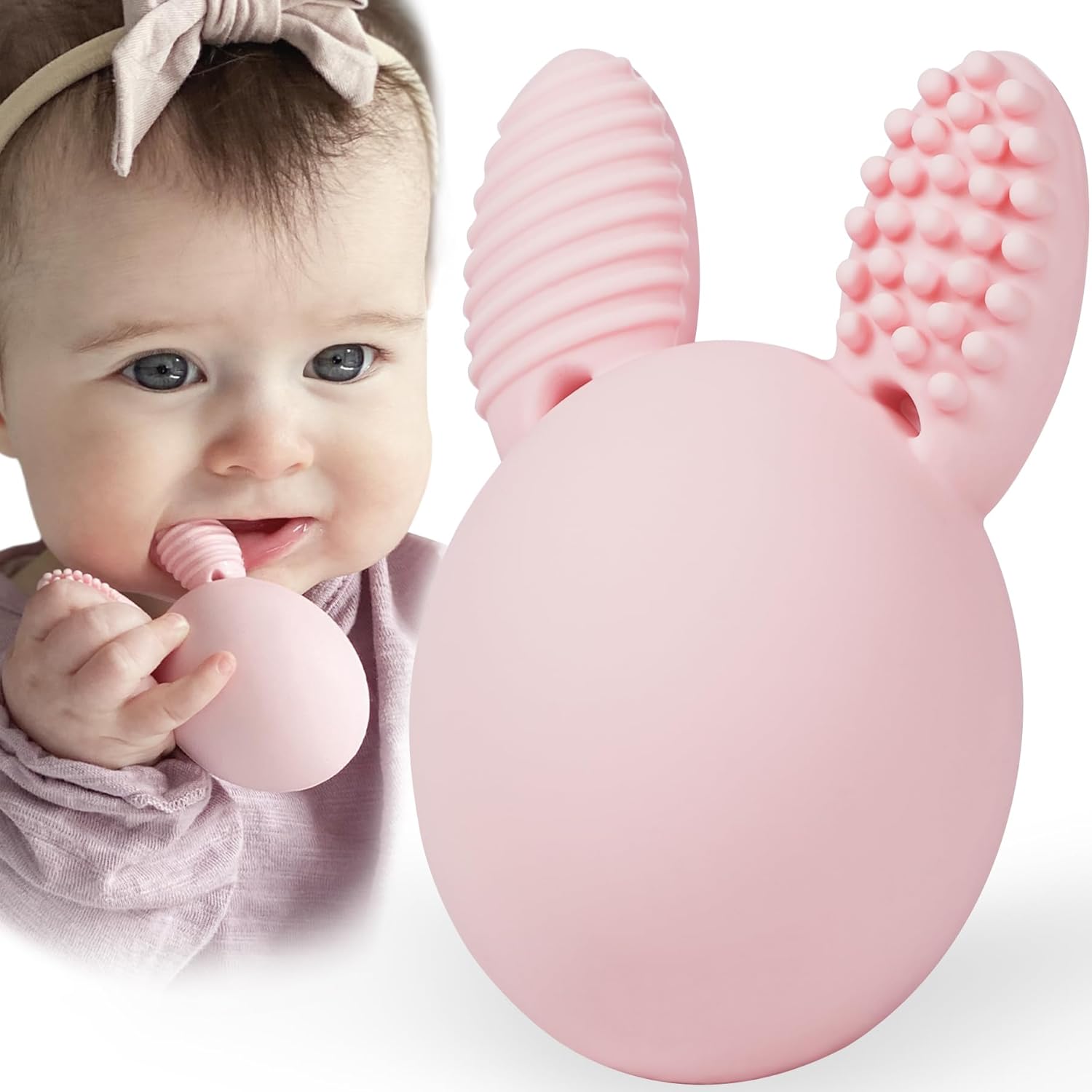 Bunny Eggy Teether Baby Teething Toy in Pink front view showcasing textured rabbit ears.