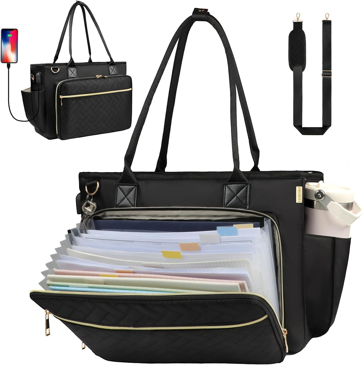 Veirdro teacher work tote bag front view in black color featuring premium waterproof nylon