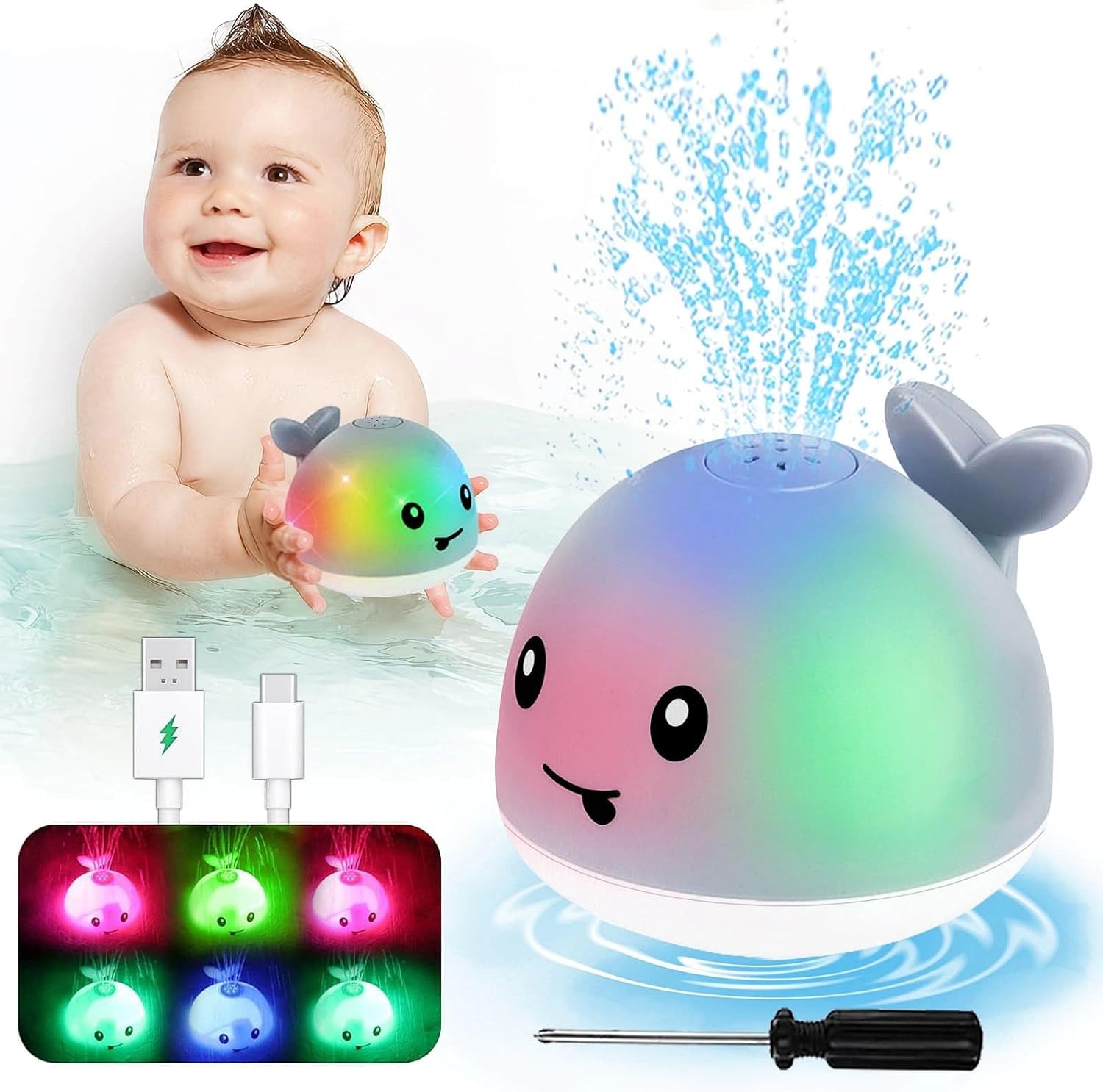 PARHILYAR Toddla whale bath toy sprinkler front view floating on water with lights on