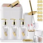 WSBArt 17 piece bathroom accessory set front view featuring white and gold dispensers and trash can