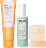 BellamiLuxx 3 Step Back and Body Acne Treatment Set with soap, scrub, and spray