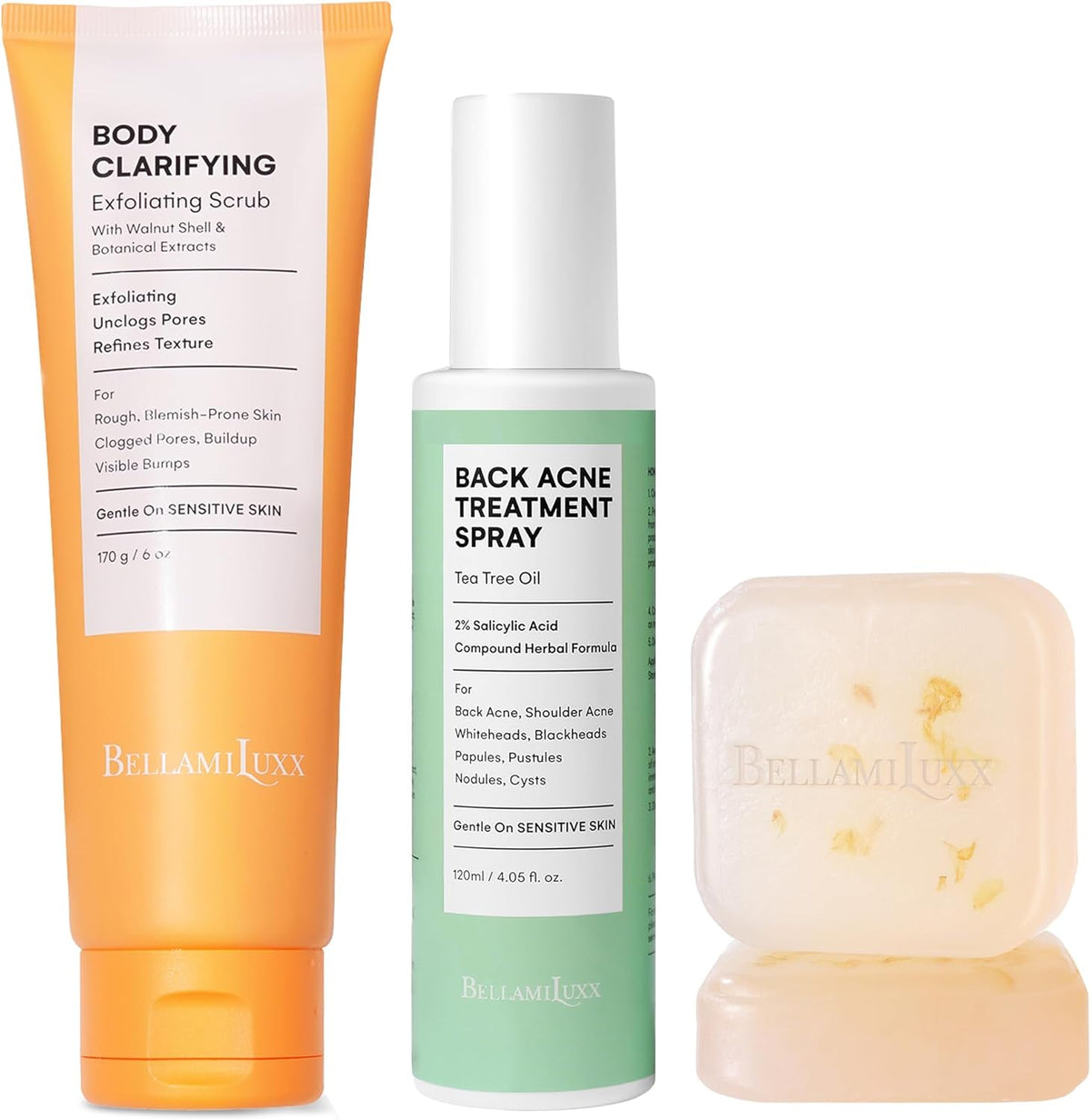 BellamiLuxx 3 Step Back and Body Acne Treatment Set with soap, scrub, and spray